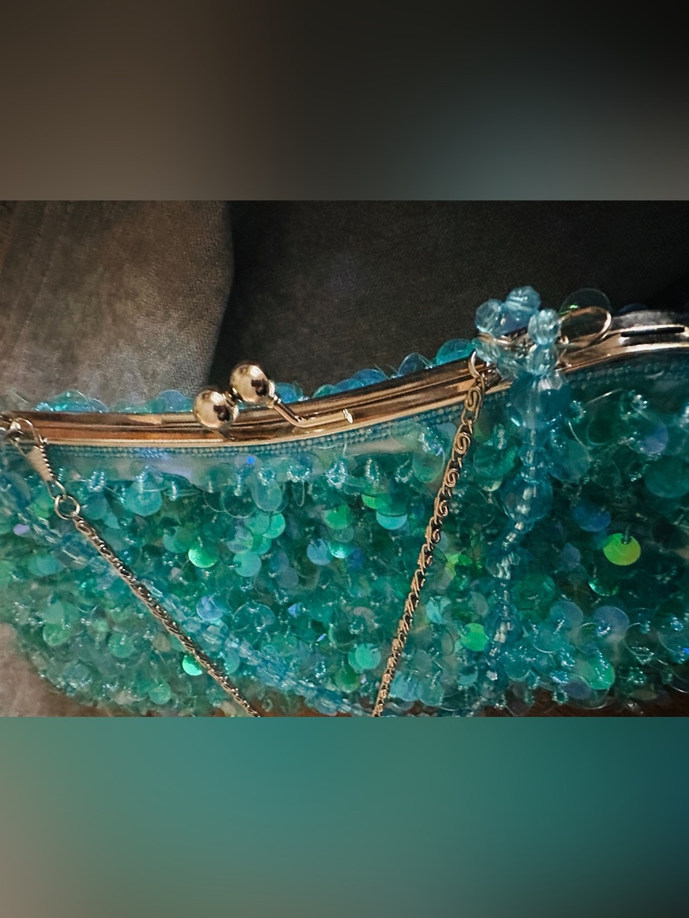 Beaded Sequin Evening Clutch Handbag in Aqua Blue*Vtg*Kiss lock*Y2K~90’s